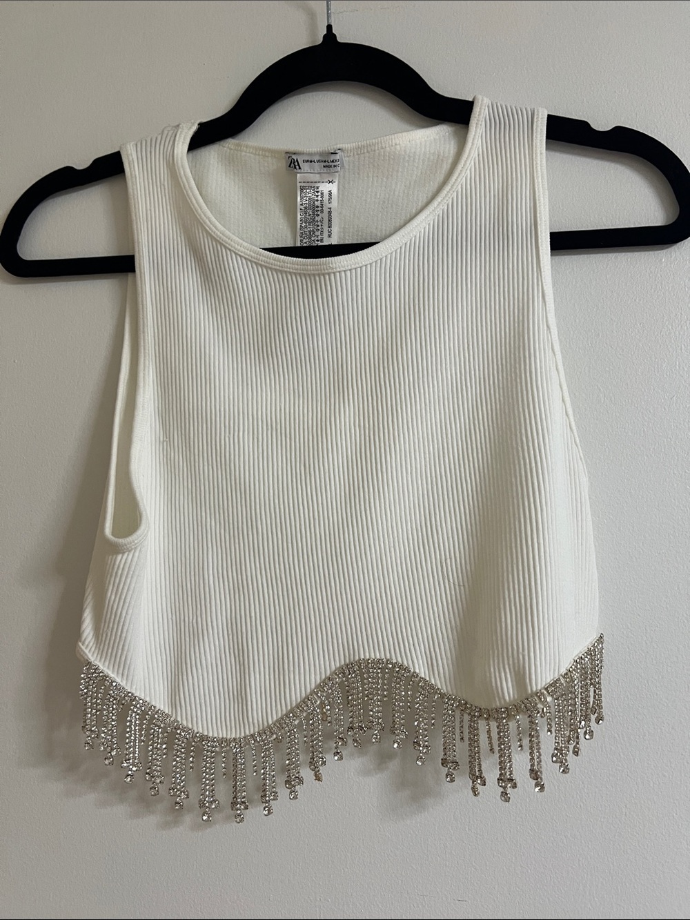 Zara White Ribbed Crop Tank with Silver Beaded Fringe